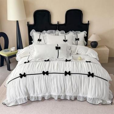 Imagem de Jogo de cama com babados, gravata borboleta, roupa de cama de renda chique, conjunto de capa de edredom para meninas, solteiro, estilo princesa francesa, romântica, com babados e laço adorável com