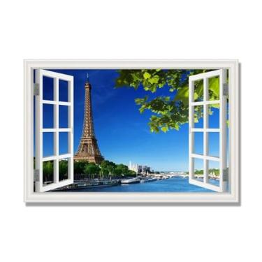 Imagem de NHLDZYH Janela de arte de parede com impressão em tela. Vista de janela falsa. Impressão de imagem natural em tela. Arte de cenário para decoração de sala de estar. (Vista da Torre Eiffel de Paris 15