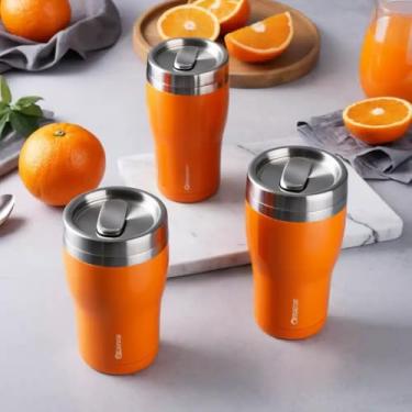 Imagem de Copo Térmico Parede Dupla em Aço Inox Laranja 350ml com Tampa Rosqueável - Estilo Casual
