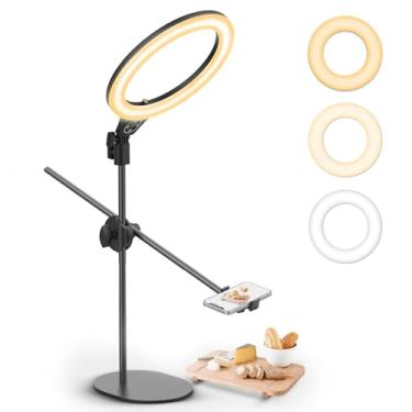 Imagem de Ulanzi Suporte de telefone superior com anel de luz de selfie de 25,4 cm, suporte de luz de mesa com braço de disparo ajustável de 360°, anel de luz regulável 3500k-6500K para gravação de vídeo, transmissão ao vivo, retrato e maquiagem