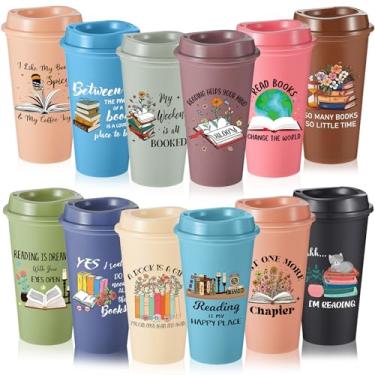 Imagem de FillTouch 12 peças presentes para amantes de livros 473 g xícaras de café reutilizáveis com tampas presentes de clube de livro de plástico para leitores ávidos, professores, bibliotecários (Morandi)