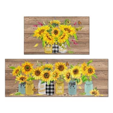 Imagem de Conjunto de 2 tapetes de cozinha de girassol, estilo fazenda, decoração de cozinha, antiderrapante, lavável, decoração de cozinha de fazenda, antifadiga, tapete para pia de cozinha, lavanderia, 43 x