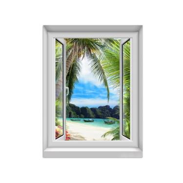 Imagem de Quadro de Parede Janela Falsa-Paisagens Impressões em Tela-Praia Palm Árvore Boat-Natureza Pinturas Decoração 60x80cm-23x31in Sem Moldura