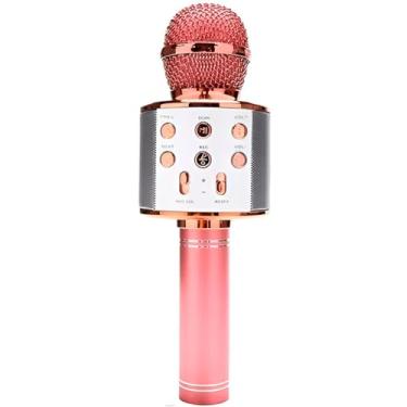Imagem de Microfone Karaokê Bluetooth Sem Fio com Caixa de Som - Efeitos de Voz, Entrada USB/SD, 5W de Potência - Rosa Metálico