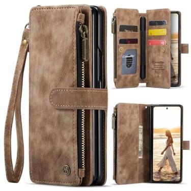 Imagem de Capa carteira para Samsung Galaxy Z Fold 6 com [suporte para caneta S], suporte para cartão, bolso magnético com zíper, alça de cordão, carteira de couro para Galaxy Z Fold 6 (marrom)
