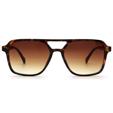 Imagem de YUNKRK Óculos de sol aviador retrô para mulheres e homens, vintage, quadrado, piloto, óculos de sol modernos, Armação de tartaruga marrom + lente gradiente marrom