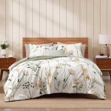 Imagem de WRENSONGE Conjunto de edredom Queen - 7 peças de cama queen com estampa de dente-de-leão botânico, design estampado de flores, cama queen em uma bolsa com edredom, lençóis, fronhas e fronhas