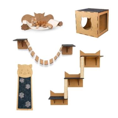 Imagem de BOXFAN Playground para Gatos 5 Peças com Nicho, Ponte, Rede, Arranhador de Parede e Escalada Poleiro Escada MDF Resistente, Antiderrapante, Design Moderno, Enriquecimento Ambiental e Diversão