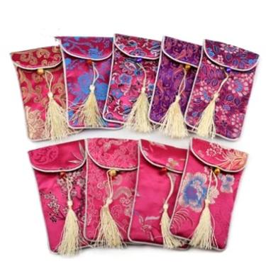 Imagem de Only My Live Home 10 peças de corda de pescoço brocado de seda bolsa de armazenamento para telefone colar chinês bolsa de óculos borla joias caixa de embalagem (fúcsia)