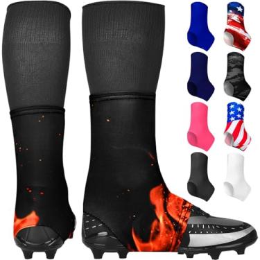 Imagem de Exxact Sports Capas de chuteira de futebol Spats – Mantenha seus cadarços amarrados e chuteiras limpos, futebol americano para chuteiras, perfeito para beisebol, futebol, lacrosse, hóquei (Flam, GG)
