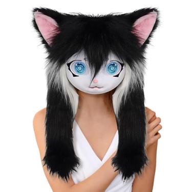 Imagem de Cabeças peludas para cosplay – Máscara de cabeça de gato animal com olhos grandes, adereços realistas de pelúcia para mulheres, homens, anime