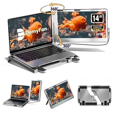 Imagem de domyfan Monitor portátil de 14 polegadas para laptop, extensor de tela de laptop de rotação de 360° com suporte, tela IPS FHD 1080p, HDMI/USB-A/Tipo-C Plug and Play para Windows, Mac, PC, Xbox, Switch