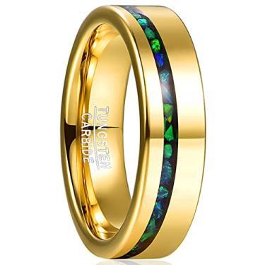 Imagem de NUNCAD Alianças de casamento masculinas de tungstênio dourado de 6 mm com opala sintética verde esmagada/malaquita embutida, acabamento altamente polido, tamanho 6-12, 10, Carboneto de tungstênio, Sem