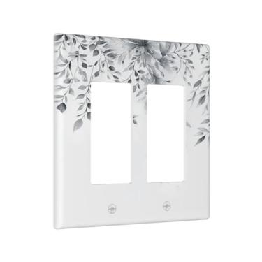 Imagem de Xuejiaku Capas de tomada cinza branco folhas de eucalipto planta floral vintage 2 gangues interruptor duplo interruptor de luz placa decorativa placa de parede GFCI capas de placa de interruptor