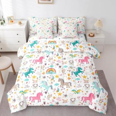 Imagem de Erosebridal Conjunto de edredom infantil de unicórnio de 7 peças, conjunto de cama casal com desenho animado de dinossauro, kawaii, animais selvagens, para meninos e meninas, colorido, céu estrelado