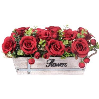 Imagem de Decoração de mesa de centro de mesa bandeja de madeira rústica com 3 flores vermelhas artificiais e eucalipto falso para sala de jantar, casa de fazenda, sala de estar, cozinha e decoração de mesa de