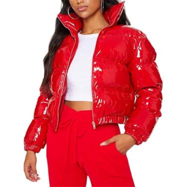 Imagem de Jaqueta Puffer Cropped Feminina Inverno Brilhante Zip Up Curto Bubble Puffy Coats, Black, XL