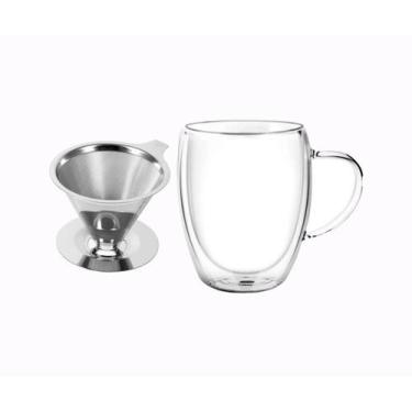 Imagem de Combo Cafézim: Xícara Double Wall 350ml + Filtro Coador de Café Inox -