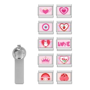 Imagem de papasgix Berloques italianos de berloques prateados, pacote de elos a granel com ferramenta de abertura, pingentes italianos de 9 mm, 10 pulseiras modulares italianas Love Cherry Links artesanais