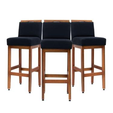 Imagem de Kit 3 Banquetas Para Cozinha De Madeira Maciça Estofada Com Encosto Pa