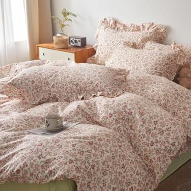 Imagem de Conjunto de capa de edredom de flor rosa solteiro GG 100% algodão linda capa de edredom floral com fronhas de babados para meninas conjunto de cama estilo jardim estética florescendo capa de edredom