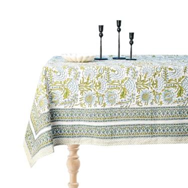 Imagem de Perilla Home Toalha de mesa multicolorida 100% algodão 152 x 232 cm | Toalha de mesa retangular com estampa bloco de mão para 6 lugares | Toalha de mesa lavável para outono, decoração, Natal, Ação de