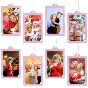 Imagem de Weysat 8 peças de enfeites de foto de acrílico de Natal para pendurar porta-retratos tamanho carteira molduras para decoração de árvore de Natal, rasgue a película de raspar antes de usar (rosa, 8 x 6