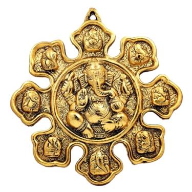 Imagem de Purpledip Estátua de metal Ashta-Vinayak (8 Avatares de Ganesha): Ídolo de pendurar na parede com acabamento dourado para templo ou decoração de casa (11547A)