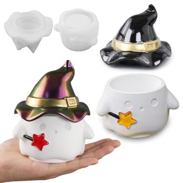 Imagem de Wehous Moldes de pote de resina de Halloween com tampas, moldes de silicone exclusivos em forma de bruxa fantasma, lindos moldes de recipiente de armazenamento de vela para concreto de resina