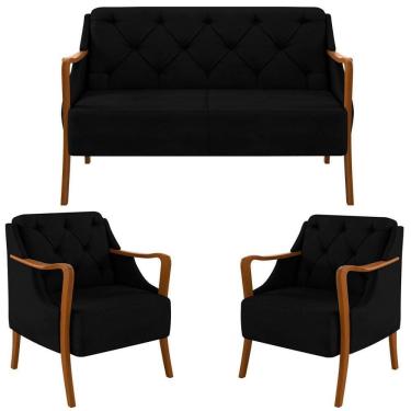 Imagem de Kit Namoradeira 135cm E 2 Poltronas Decorativas Capitonê Lapa M22 Veludo Preto - Mpozenato