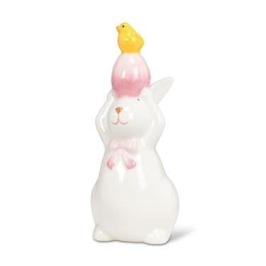 Imagem de Abbott Collection Estatueta decorativa de coelhinho da Páscoa com ovo empilhado e pintinho - cerâmica, branco/rosa (14 cm A)