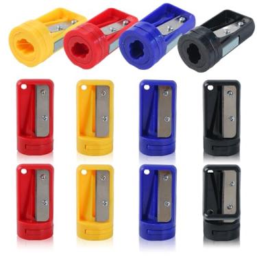 Imagem de MCSDFN Pacote com 12 apontadores de lápis de carpinteiro, portátil, manual, cortador de lápis para marcenaria, ferramenta de afiar estreita para marcenaria (vermelho, preto, azul)