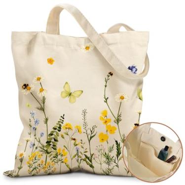Imagem de Miss Adola Linda bolsa de lona para mulheres - com fivela magnética e bolso interno com zíper para meninas, bolsas de algodão estéticas, Flor amarela borboleta, One Size