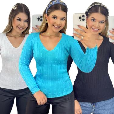 Imagem de Kit 3 Blusas FMF Femininas Suéter Malha Tricô Manga Longa-Feminino