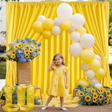 Imagem de Cortinas de pano de fundo amarelo, 4 painéis, 1,5 m x 3 m, cortina amarelo-limão para cortinas, poliéster, sem rugas, decoração de festa de aniversário, chá de bebê