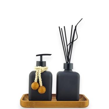 Imagem de Kit para Banheiro Lavabo Preto, Saboneteira e Difusor com Bandeja em Bambu, 3 Peças, Estilo Moderno