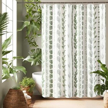 Imagem de Cortina de chuveiro boho verde sálvia, moderna, branca, verde claro, neutro, tecido impermeável, cortinas de chuveiro para banheiro, spa tropical decorativo exclusivo, natureza botânica, planta floral