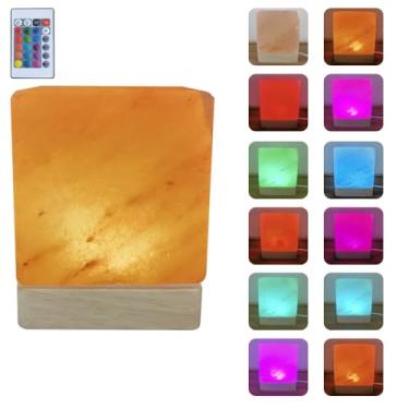 Imagem de YZYOE Lâmpada de sal do Himalaia gradiente de cor USB, base de madeira maciça, decoração de atmosfera quadrada com controle remoto, luz noturna de cabeceira de pedra de cristal natural, artesanato