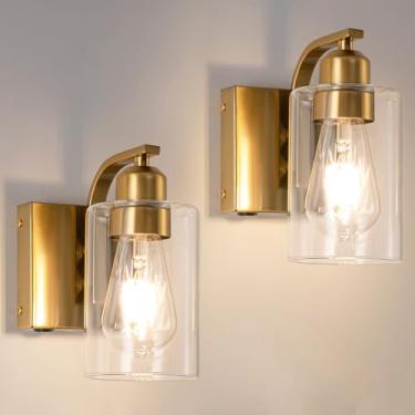 Imagem de BELS Arandelas de parede douradas operadas por bateria de 20 cm, luminária de parede de fazenda com vidro transparente, controle remoto, regulável, arandelas de parede para espelho, banheiro, quarto