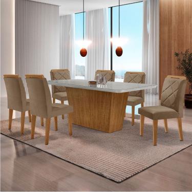 Imagem de Mesa Sala De Jantar Aida 180cm E 6 Cadeiras Melissa Moderna Veludo Capuccino Off White Imbuia