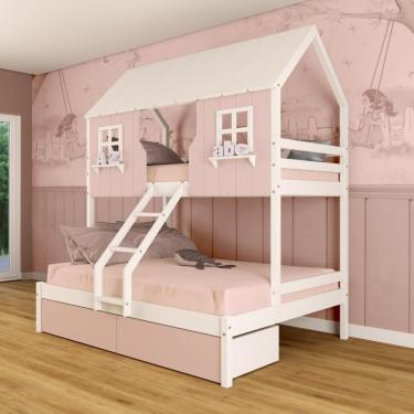 Imagem de Beliche Casal/ Solteiro Casinha Encantada Com 02 Gavetas Madeira Maciça Rosa/ Branco Megamobilia