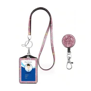 Imagem de Cordão de pescoço de cristal 3 em 1, suporte de crachá de identificação brilhante, suporte de cartão de nome de trabalho com strass retrátil para professores, enfermeiras, médicas, mulheres (rosa)