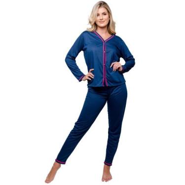 Imagem de Pijama Feminino Modelo Americano Manga Comprida Liso Diones, Marinho, 