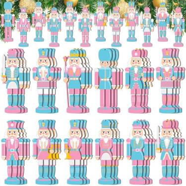Imagem de Qunclay 36 peças de enfeites de quebra-nozes de Natal pendurados em madeira miniaturas bonecos de quebra-nozes tradicionais enfeites de árvore de Natal para decoração de festa de Natal (rosa, azul