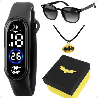 Imagem de relogio digital infantil batman + oculos sol + colar + caixa kids silicone led criança menino preto