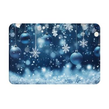 Imagem de Tapete de banho com bola de floco de neve azul de Natal, tapete de banheiro, antiderrapante, absorvente, secagem rápida, espuma viscoelástica lavável, tapete de banho macio para banheiro pequeno, pia