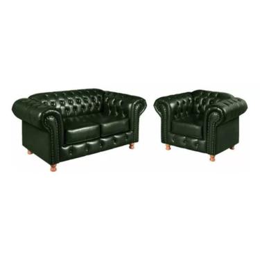 Imagem de Conjunto Sofá 2 Lugares E Poltrona Chesterfield Luís Xv Vintage Retrô Capitonê Couro Verde