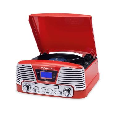 Imagem de Vitrola Raveo Harmony Retrô com Bluetooth CD USB Rádio FM Toca Discos Vinil 33 45 78 RPM Gravador Som 25W RMS Vintage El