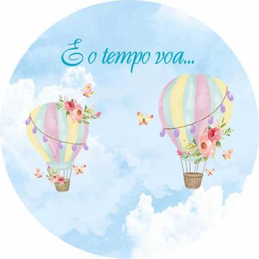 Imagem de Painel de Lona Redondo Tempo Voa Balões Aquarela e Borboletas - Fabrik