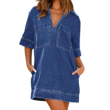 Imagem de Vestido feminino CHARTOU, jeans solto, manga curta, azul, tamanho S